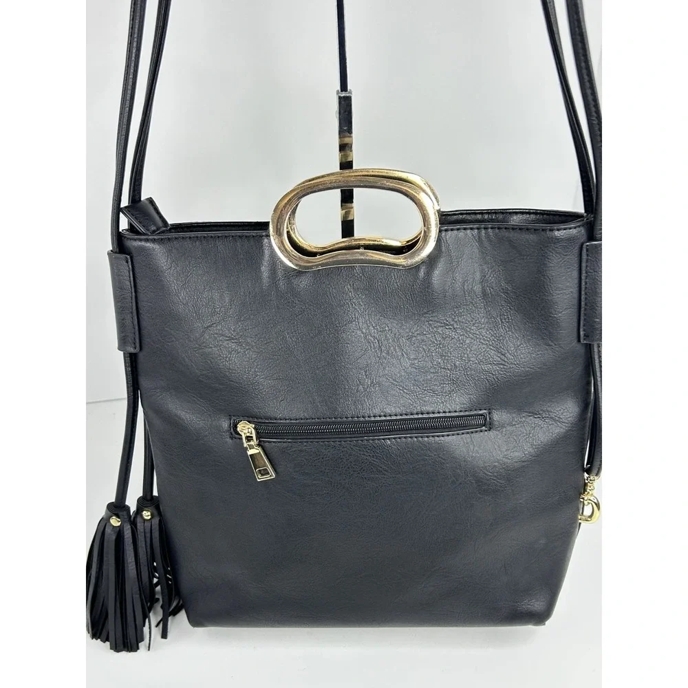 Black Faux Leather Purse Medium Crossbody Metal Handles Chic Inspired Zip Pocket